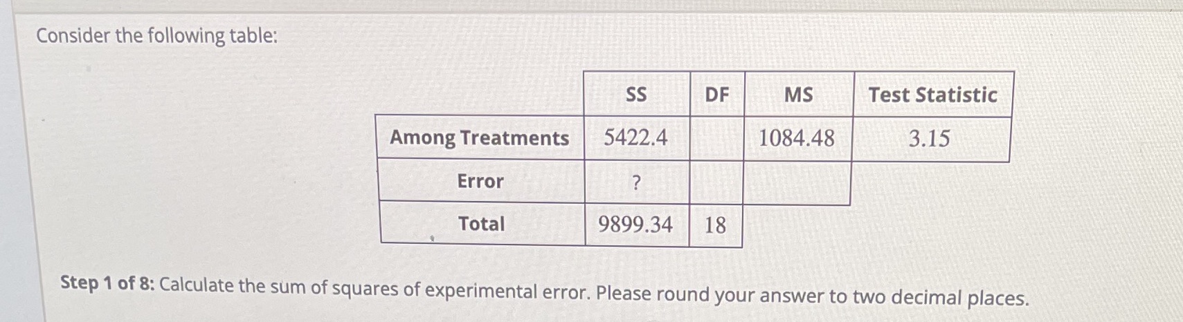  Consider the following table: SS DF MS Test Statistic Among Treatments