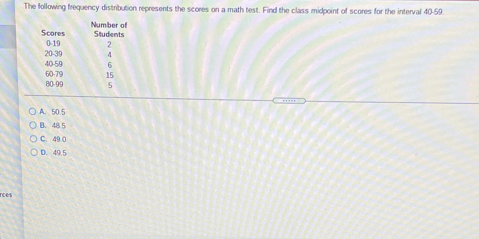 The following frequency distribution represents the scores on a math test.