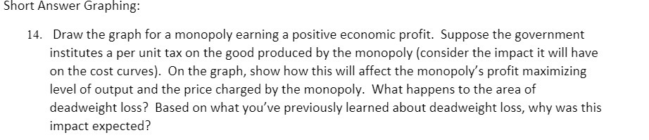 Short answer Graphing: 14. Draw the graph for a monopoly earning
