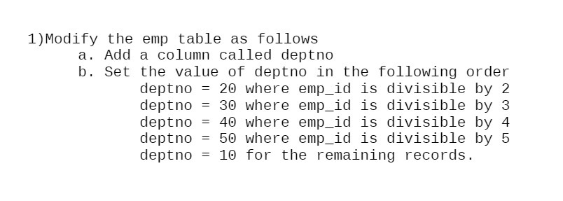  1) Modify the emp table as follows a. Add a column