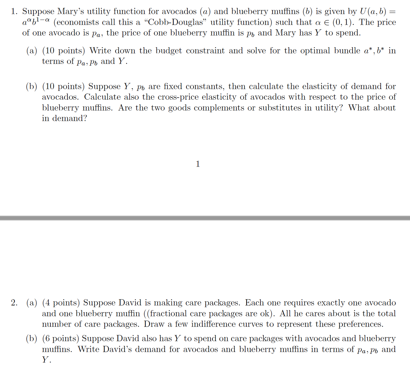 utility maximization 1. Suppose Mary's utility function for avocados (a) and blueberry
