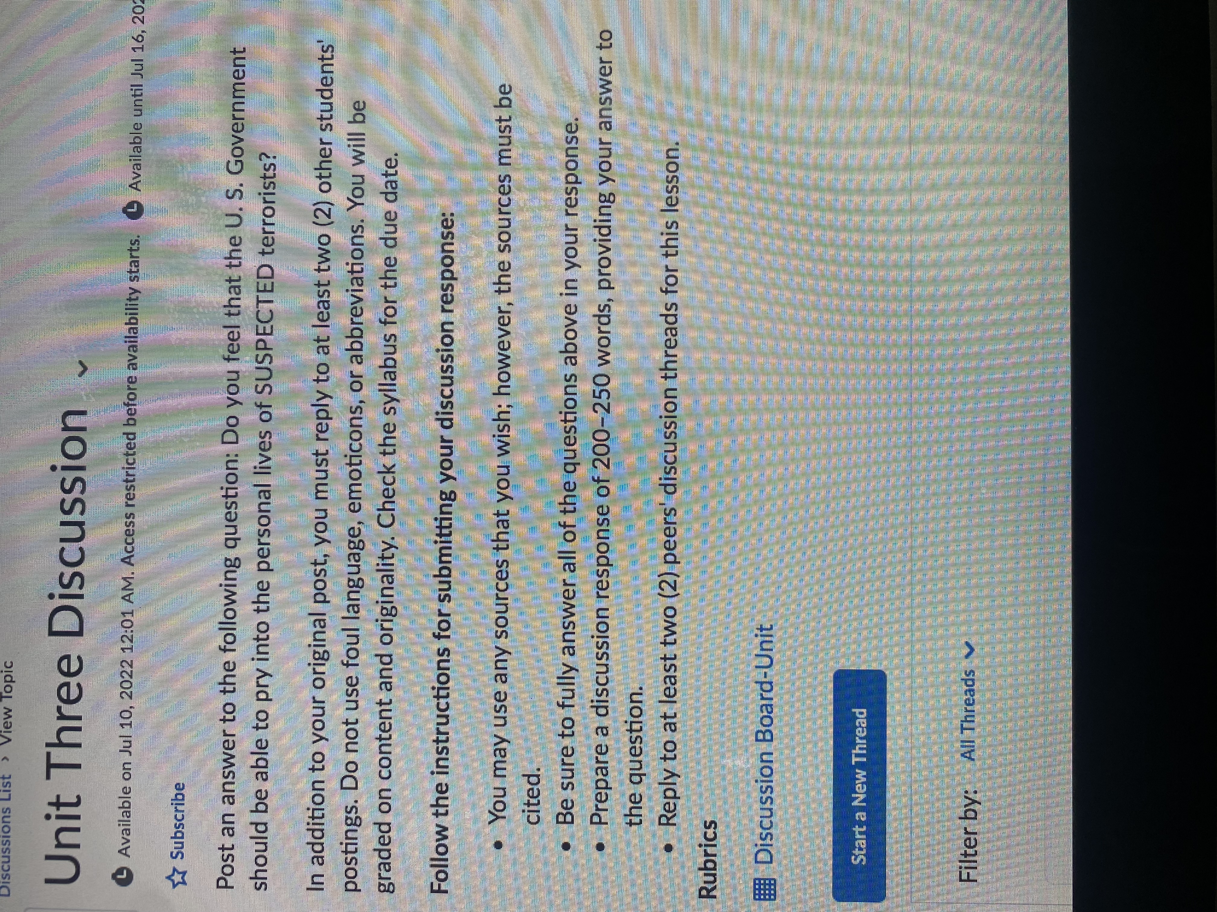  Discussions List View Topic Unit Three Discussion Available on Jul 10,