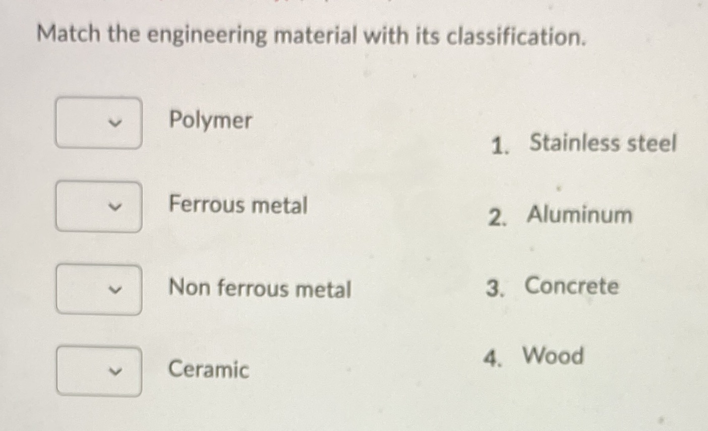 Match the engineering material with its classification. Polymer 1. Stainless steel