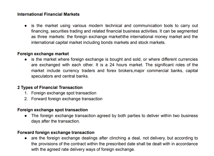 EXPLAIN THE FOLLOWING IN A SIMPLER TERMS OR SHORT SENTENCES International Financial