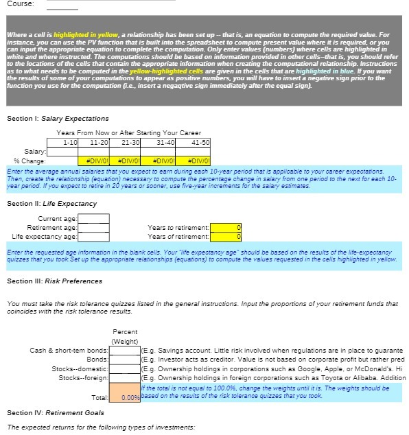  Course: Where a cell is highlighted in yellow. a relationship has