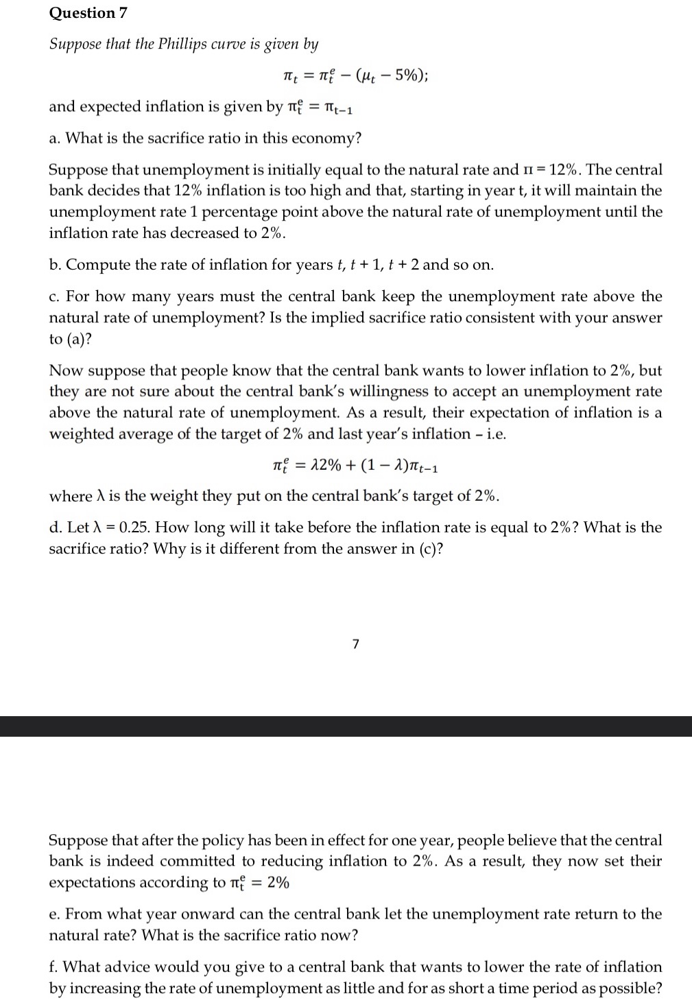Question 7 Suppose that the Phillips curve is given by at