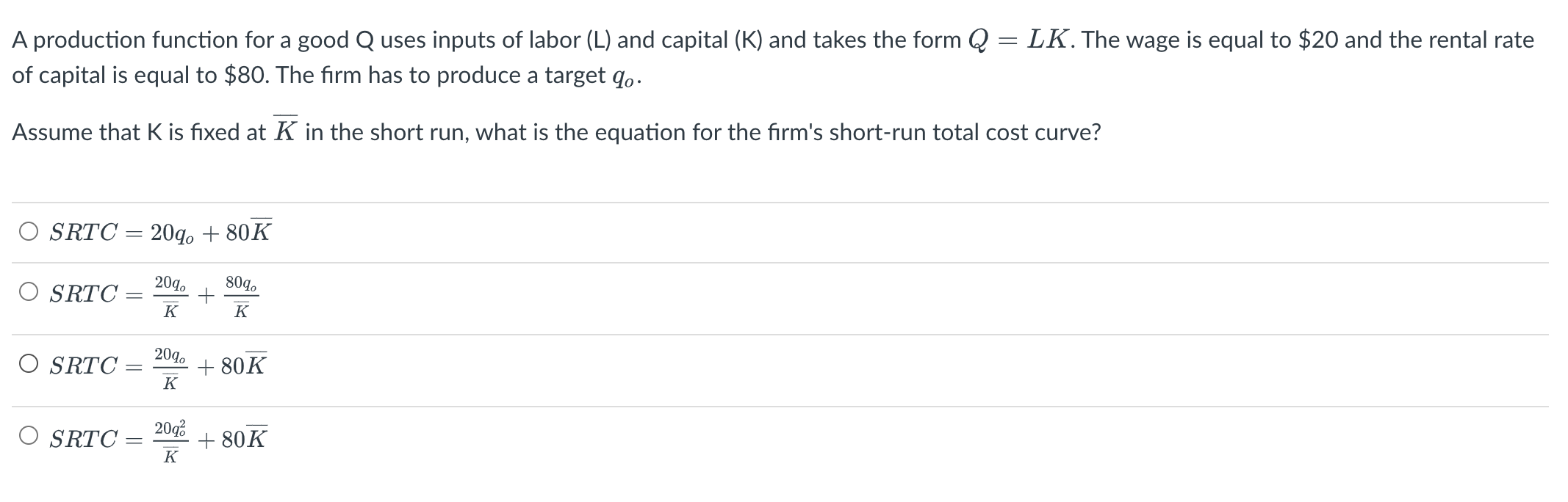 A production function for a good Q uses inputs of labor