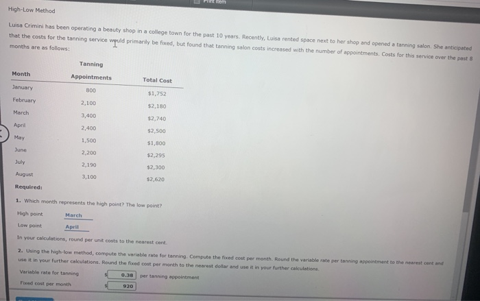  High-Low Method Luisa Crimini has been operating a beauty shop in