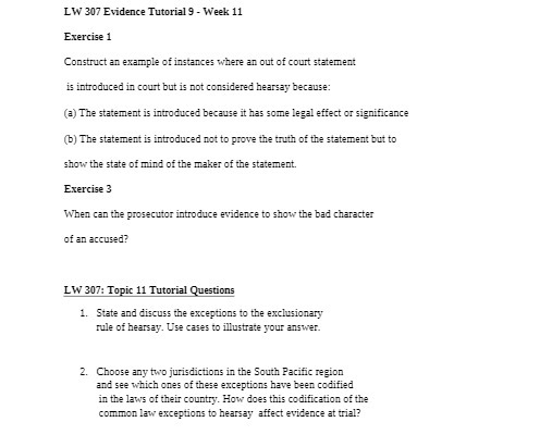 LW 307 Evidence Tutorial 9 - Week 11 Exercise 1 Construct