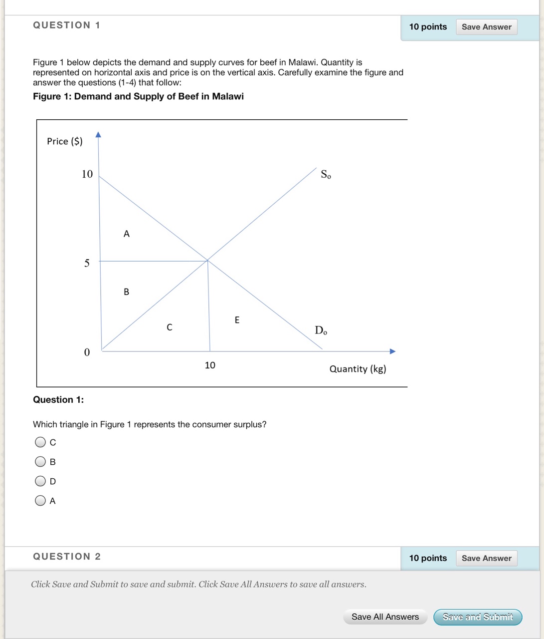 the producer surplus? O B OD O c OA QUESTION 4 10