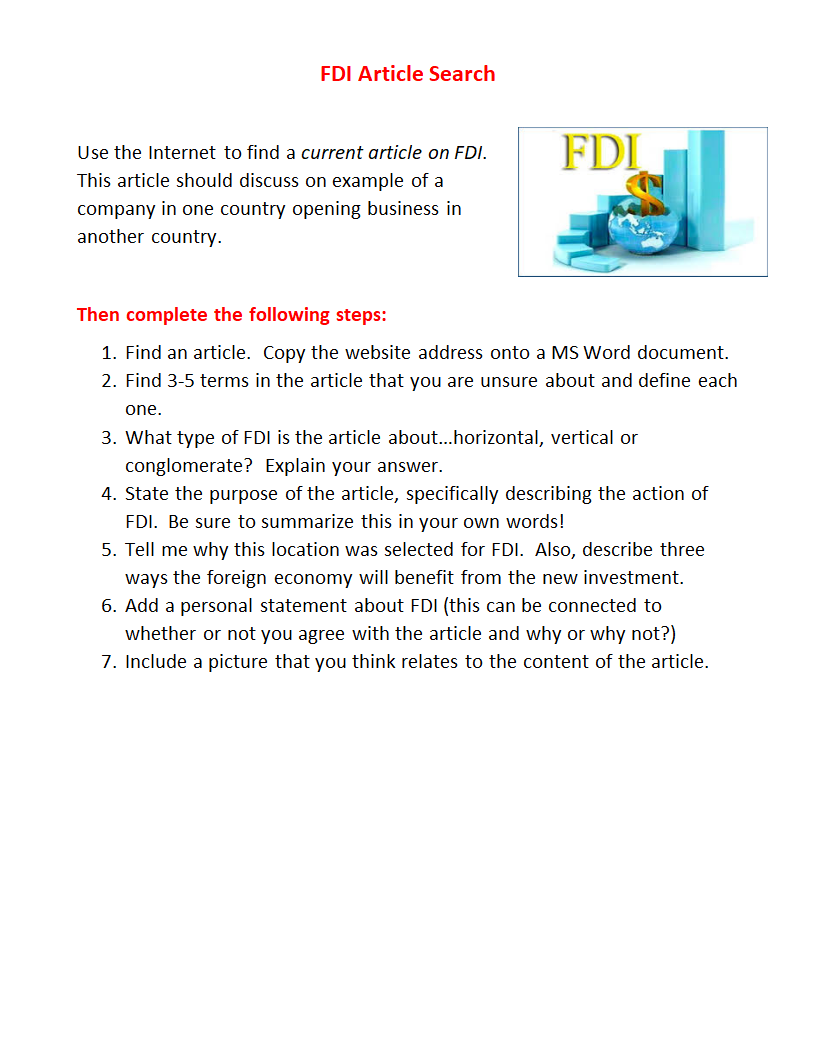  FDI Article Search Use the Internet to find a current article