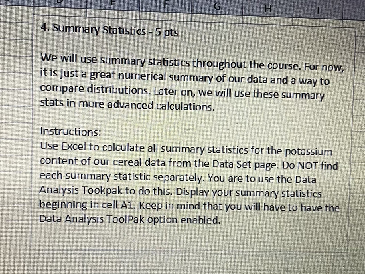 page, create a frequency distribution for the quantitative "Potassium" column from your