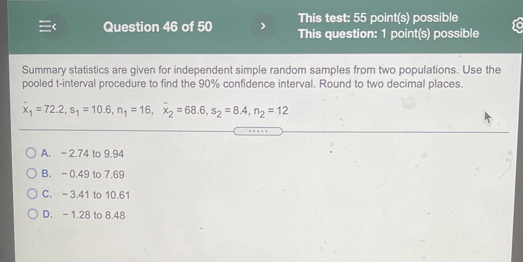 Question 46 of 50 This test: 55 point(s) possible This question: 1