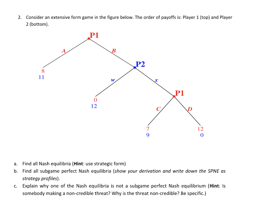  2. Consider an extensive form game in the figure below. The