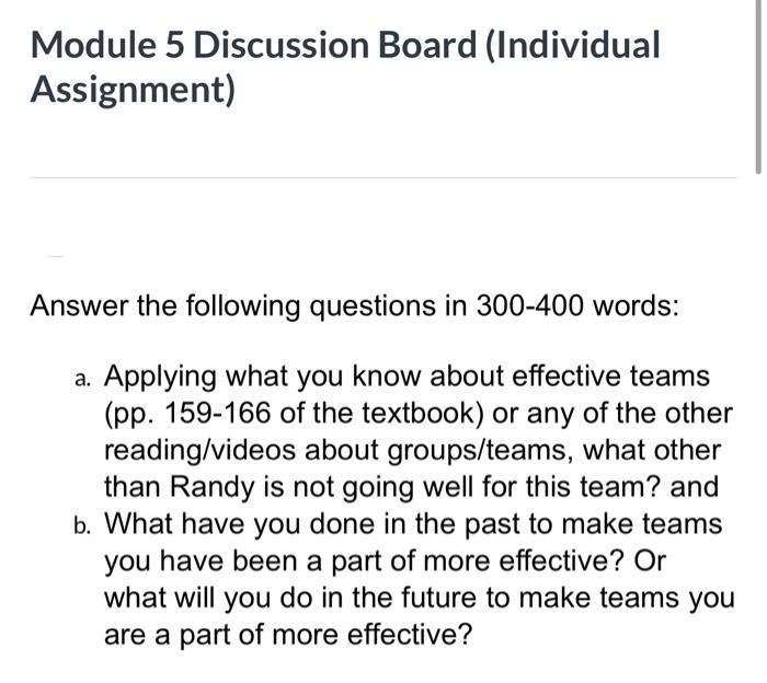  Module 5 Discussion Board (Individual Assignment) Answer the following questions in