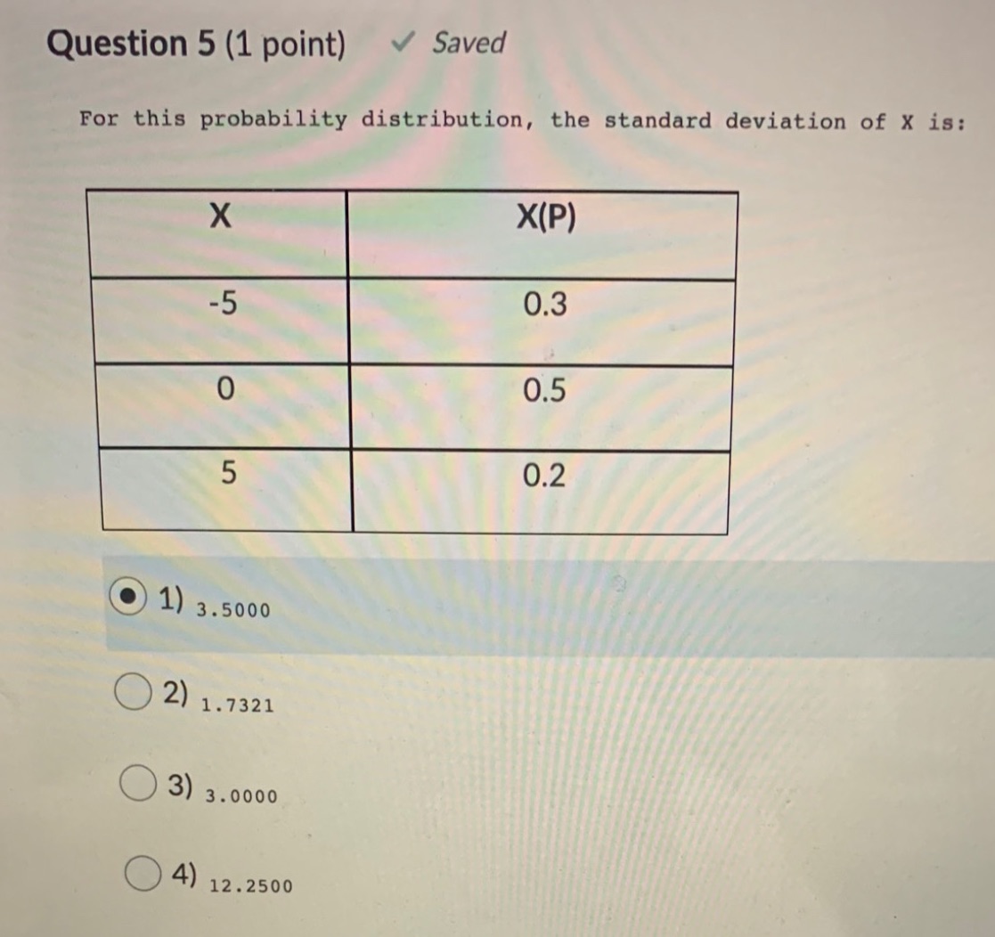  Question 5 (1 point) Saved For this probability distribution, the standard