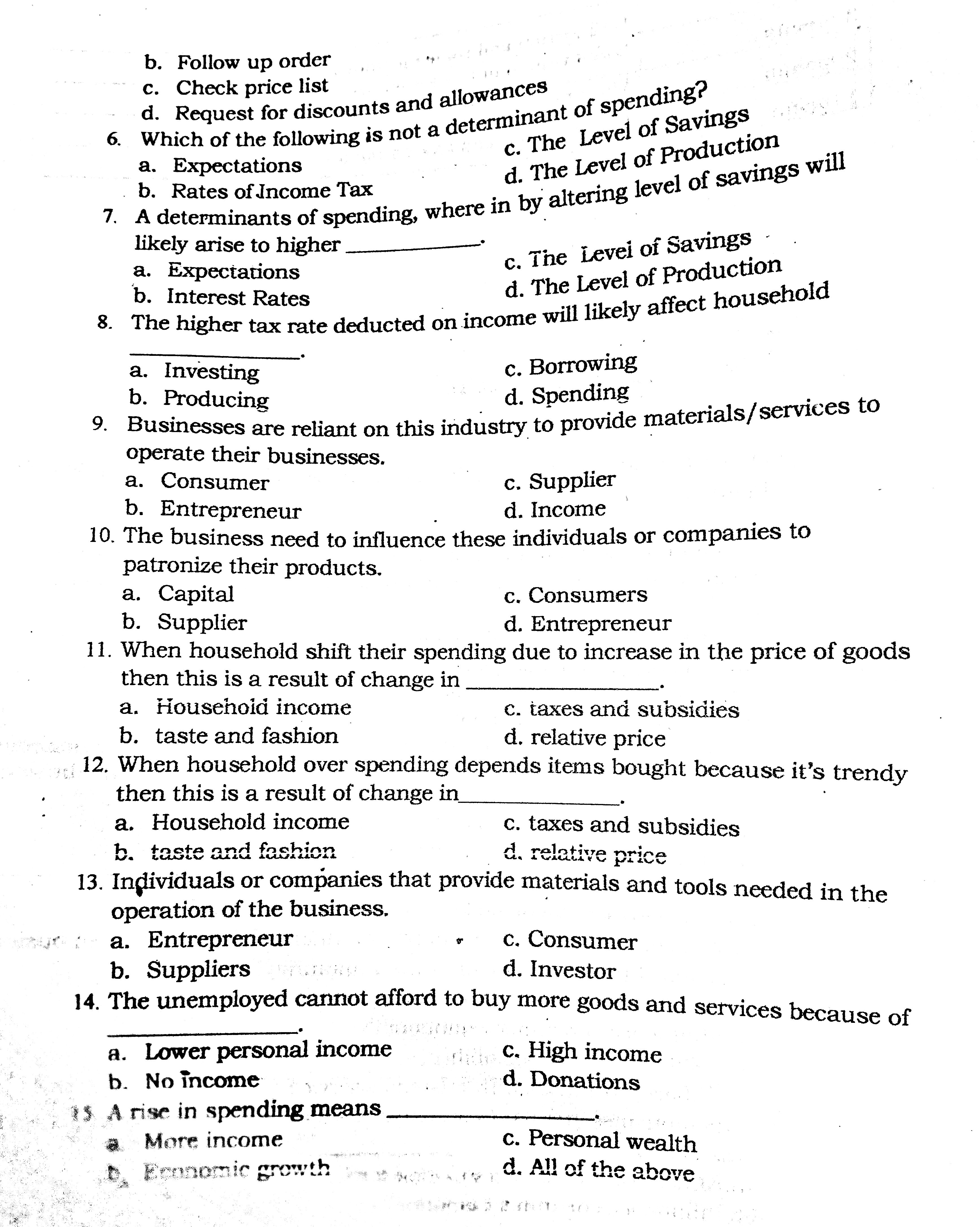 b. Follow up order c. Check price list d. Request for