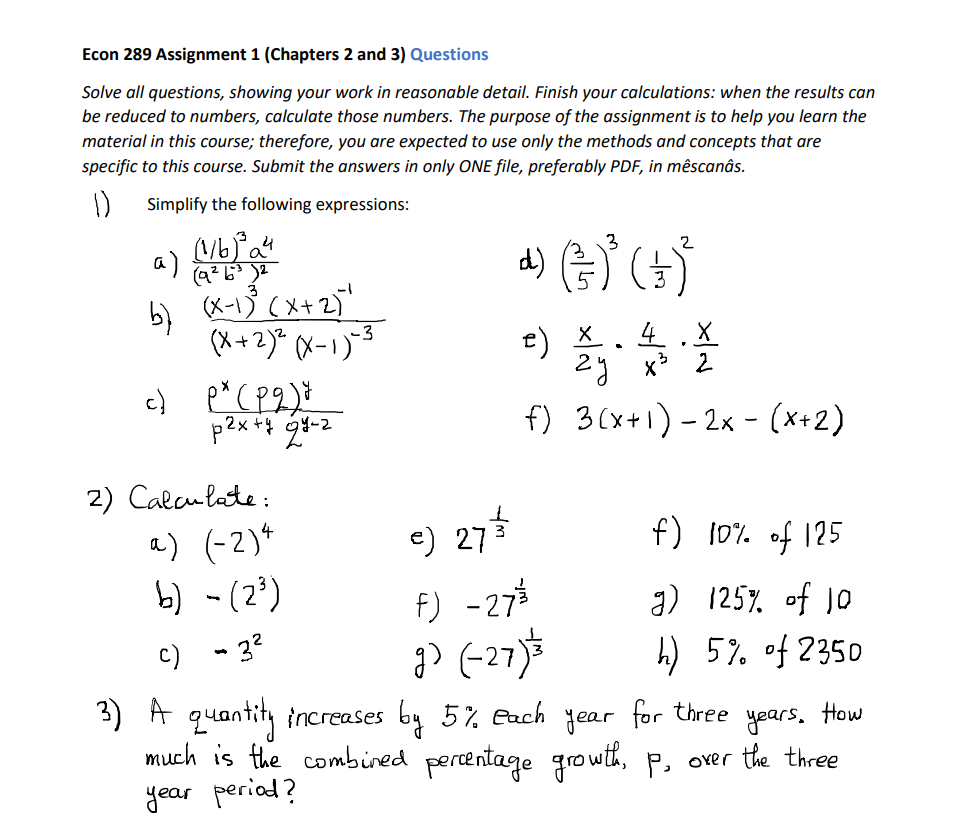 Econ 289 Assignment 1 (Chapters 2 and 3) Questions Solve all