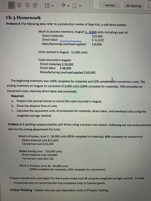  av Normal No Spacing Ch 3 Homework Problem A The following