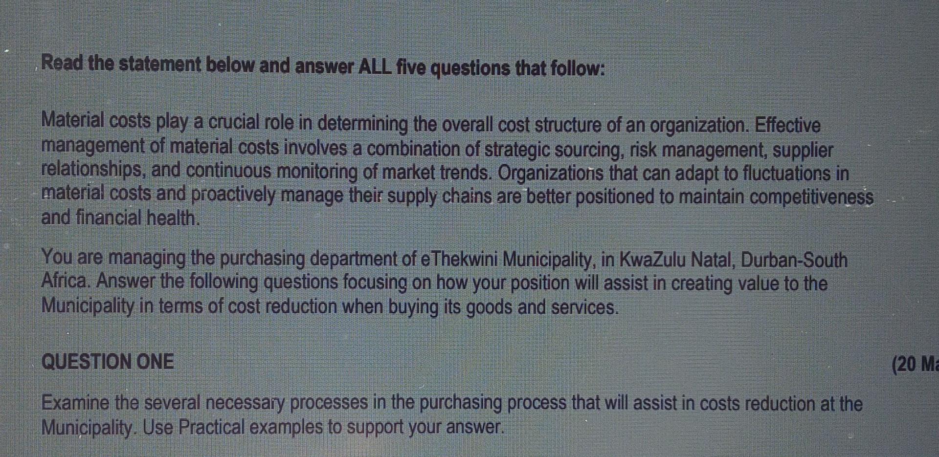  Read the statement below and answer ALL five questions that follow: