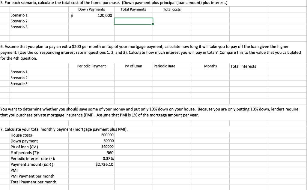Please solve question 5 only with functions 5. For each scenario, calculate