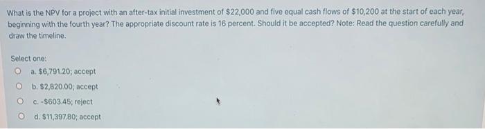 What is the NPV for a project with an after-tax initial