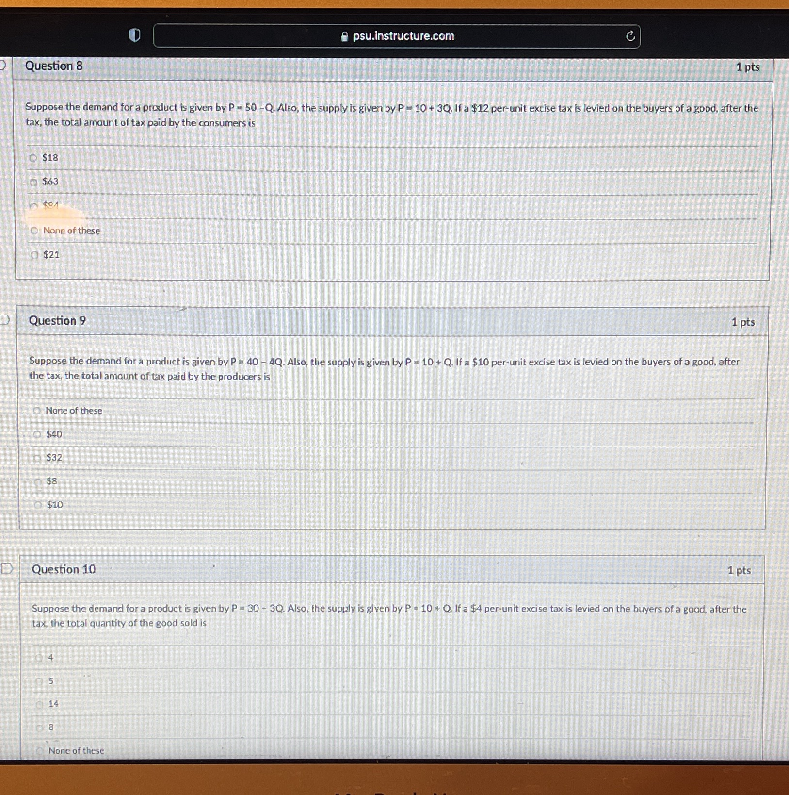  psu.instructure.com Question 8 1 pts Suppose the demand for a product