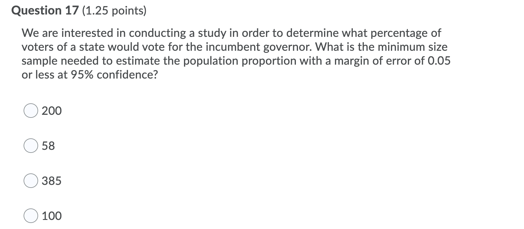 here it is Question 17 (1.25 points) We are interested in conducting