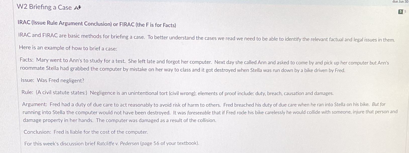 Use this case for the brief: Ratcliffe v. Pedersen due Jun 30