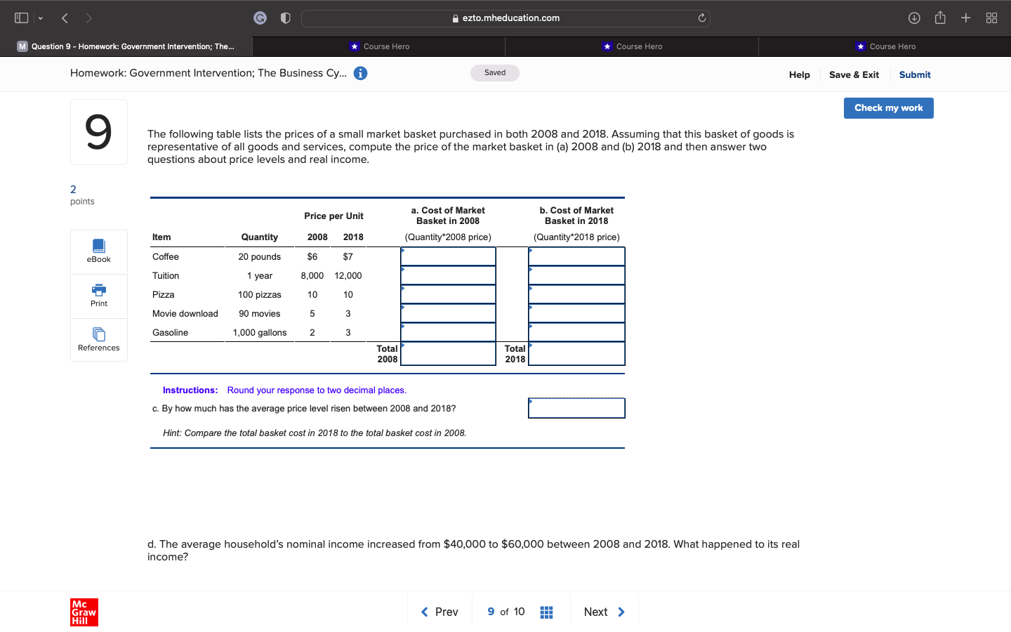 G " ezto.mheducation.com C + 189 M Question 9 - Homework: