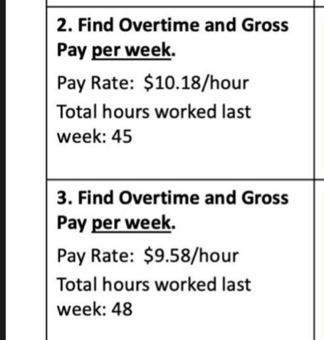 PLEASE HELP 2. Find Overtime and Gross Pay Er week. Pay Rate: