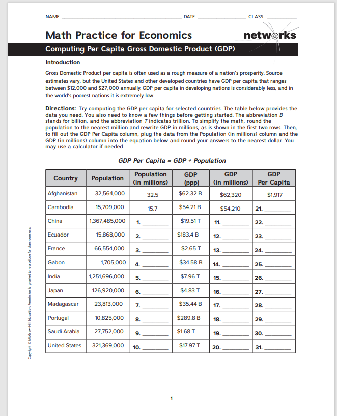 Economics math practice NAME DATE CLASS Math Practice for Economics networks Computing