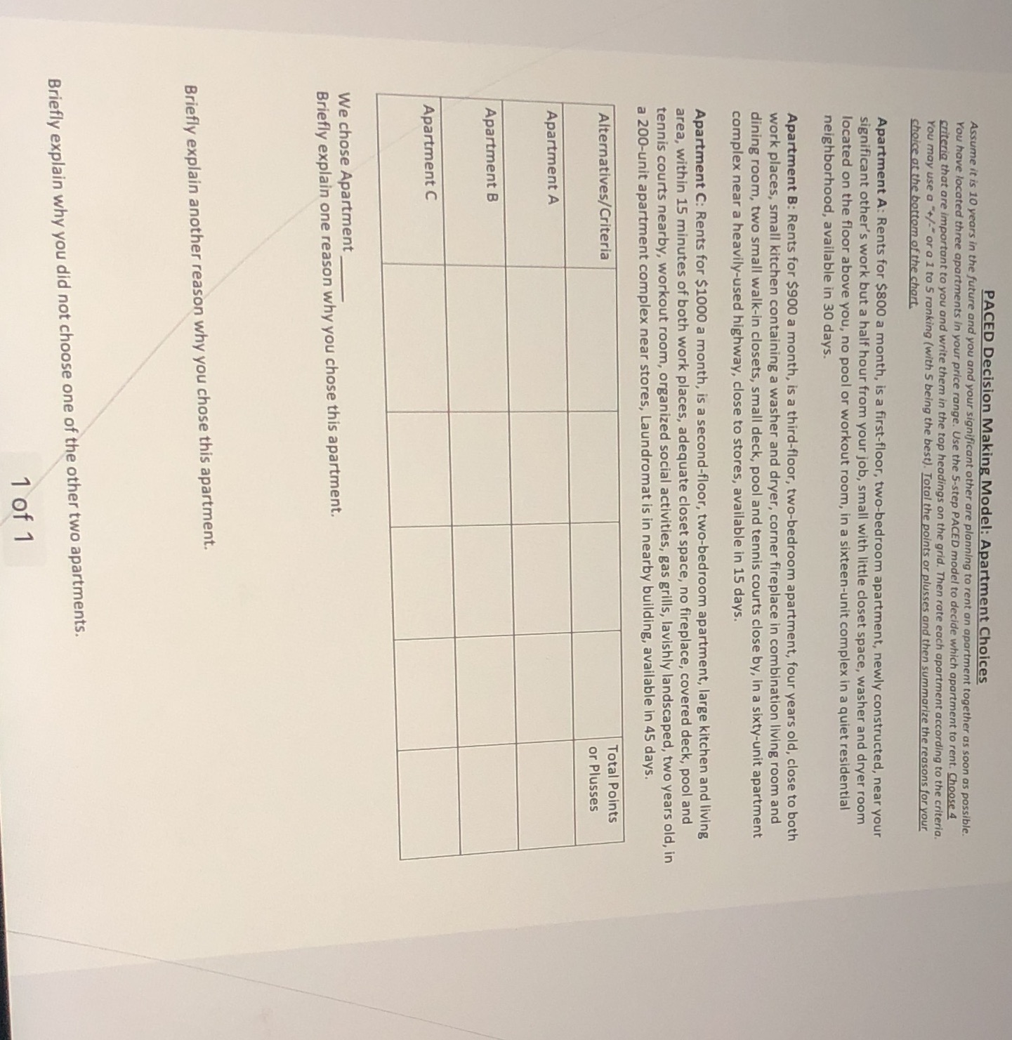 Stuck on this, please help PACED Decision Making Model: Apartment Choices Assume