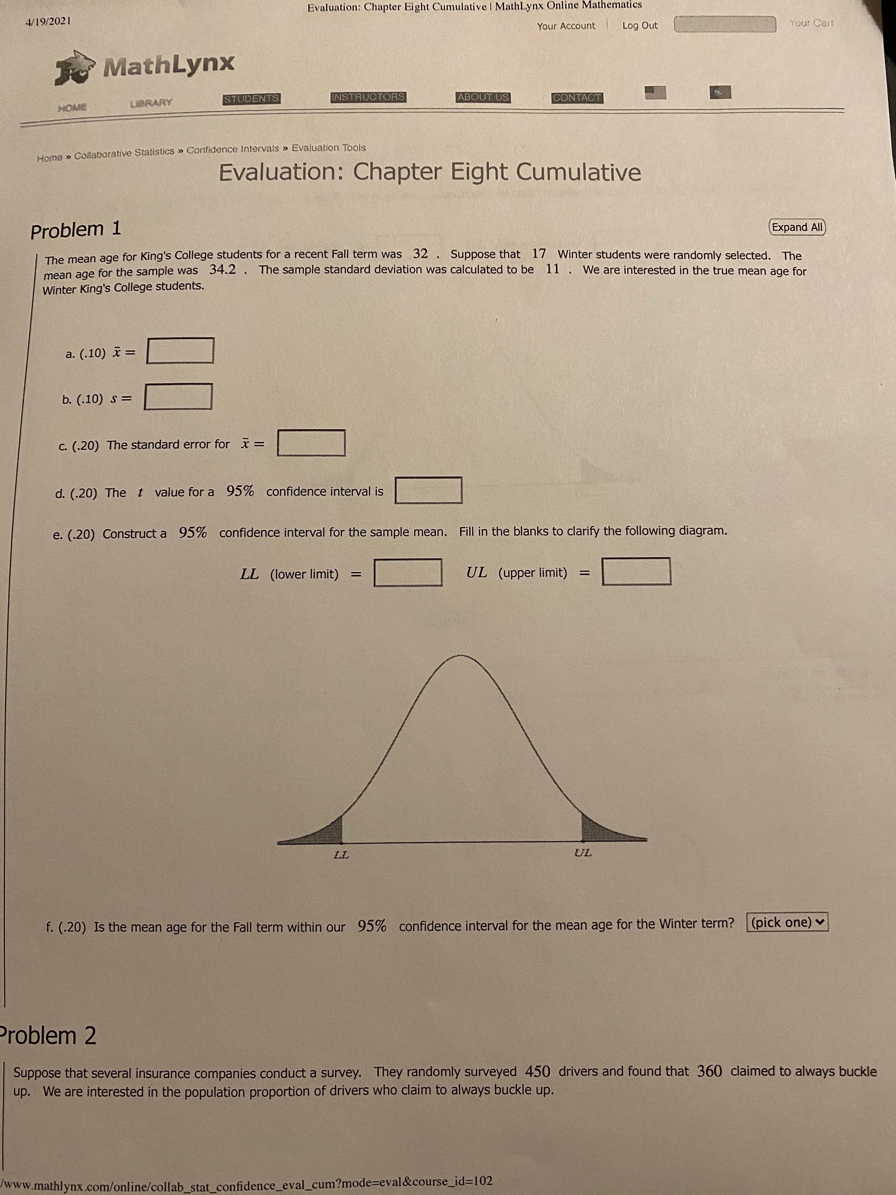 please help me with these Evaluation: Chapter Eight Cumulative | MathLynx Online