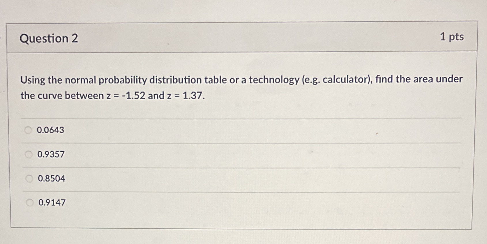 Question 2 1 pts Using the normal probability distribution table or
