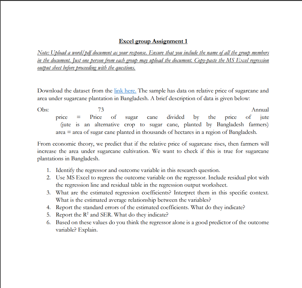  Excel group Assignment 1 Note: Upload a word/ pdf document as
