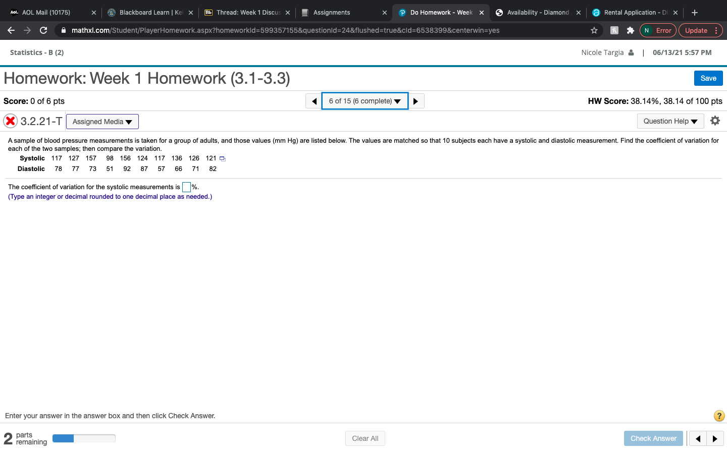  Aol. AOL Mail (10175) X Blackboard Learn | Kei X [Bb]