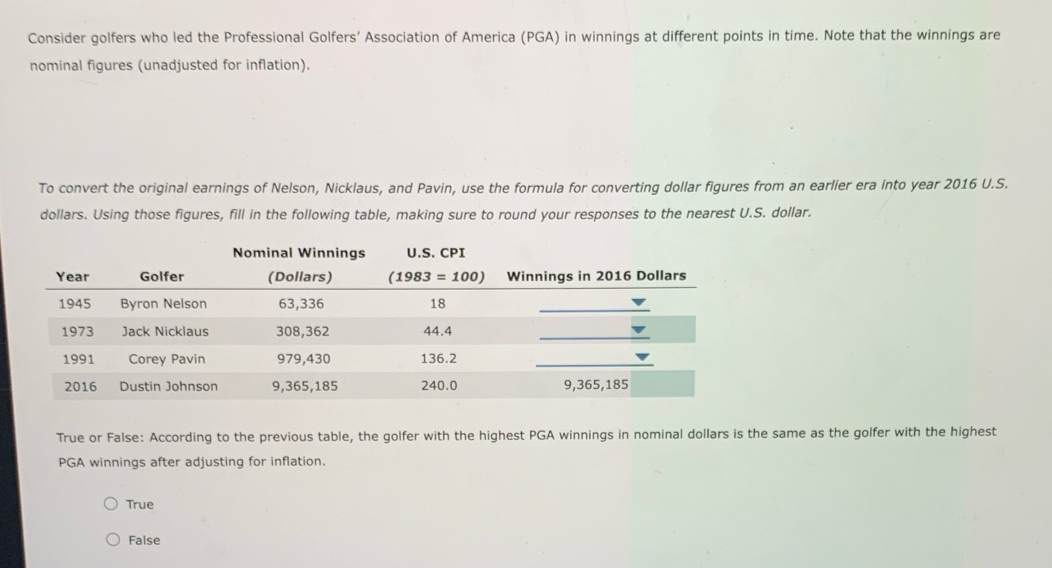 please help. need values and true or false. Thank you Consider golfers