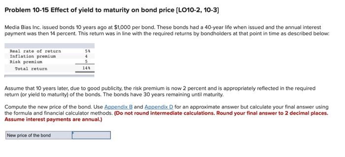  Problem 10-15 Effect of yield to maturity on bond price (L010-2,