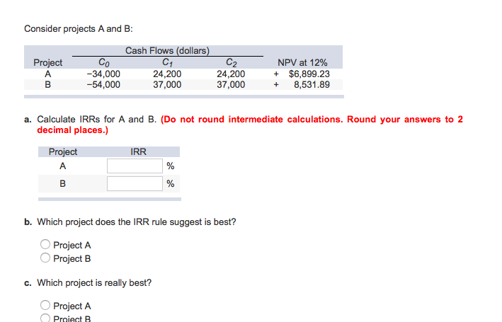  Consider projects A and B: Cash Flows (dollars) CT Project A
