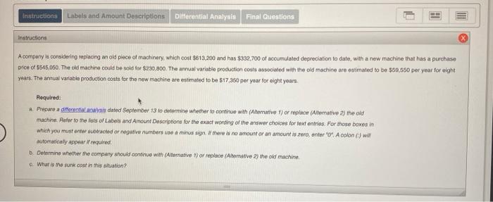 Instructions Labels and Amount Descriptions Differential Analysis Final Questions MI Instructions