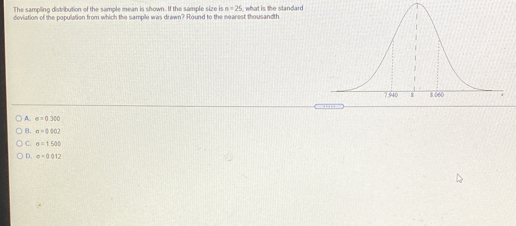  The sampling distribution of the sample mean is shown. If the