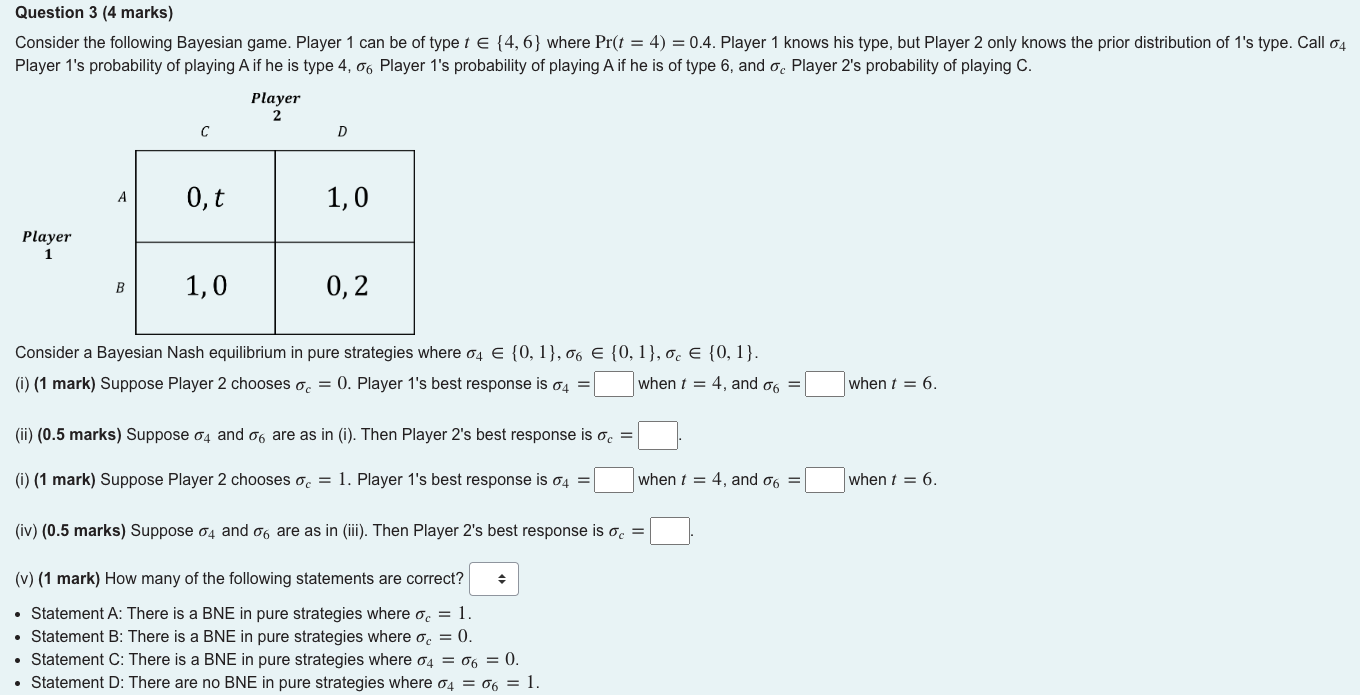  Question 3 (II marks) Consider the following Bayesian game; Player1 can
