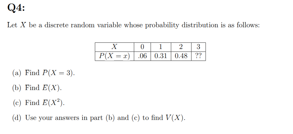 Let X be a discrete random variable whose probability distribution is as
