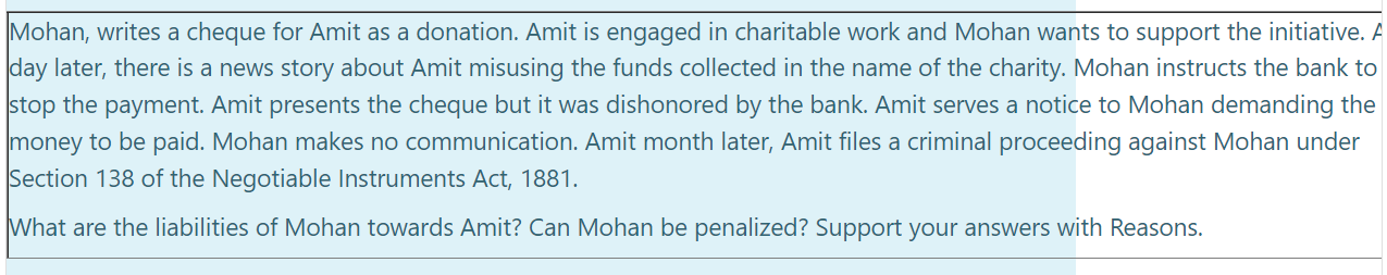  Mohan, writes a cheque for Amit as a donation. Amit is