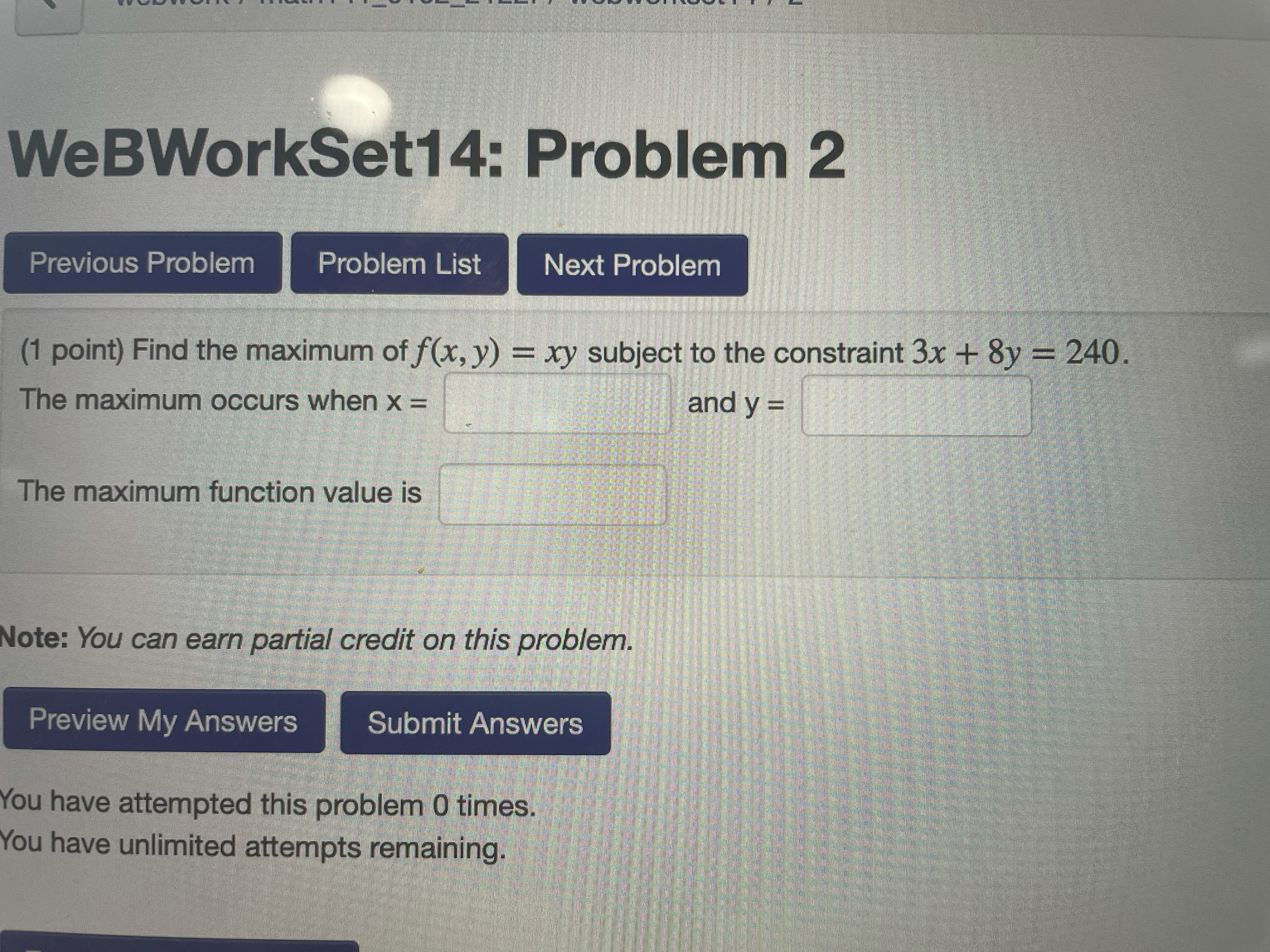  WeBWorkSet14: Problem 2 Previous Problem Problem List Next Problem (1 point)
