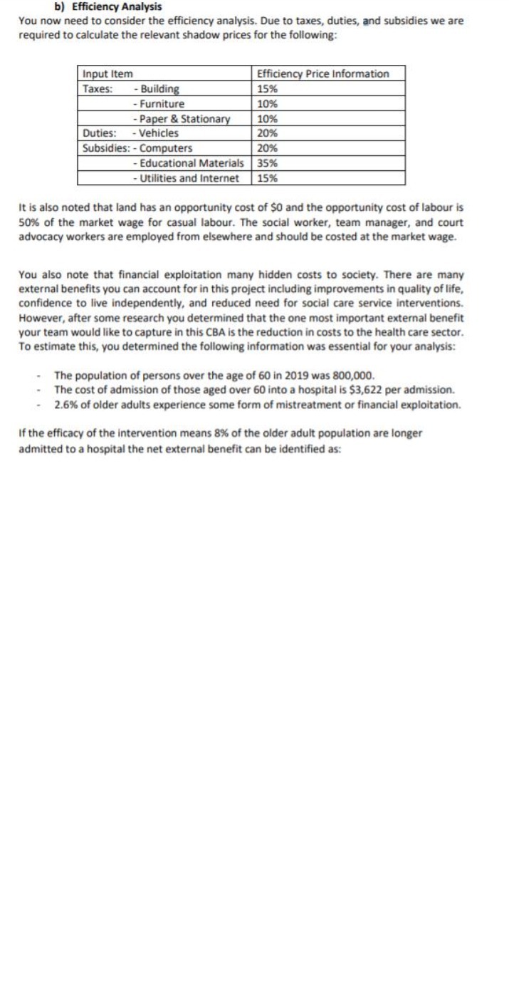 b) Efficiency Analysis You now need to consider the efficiency analysis.