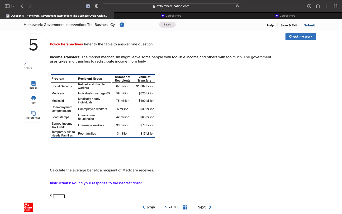 G " ezto.mheducation.com + 189 M Question 5 - Homework: Government