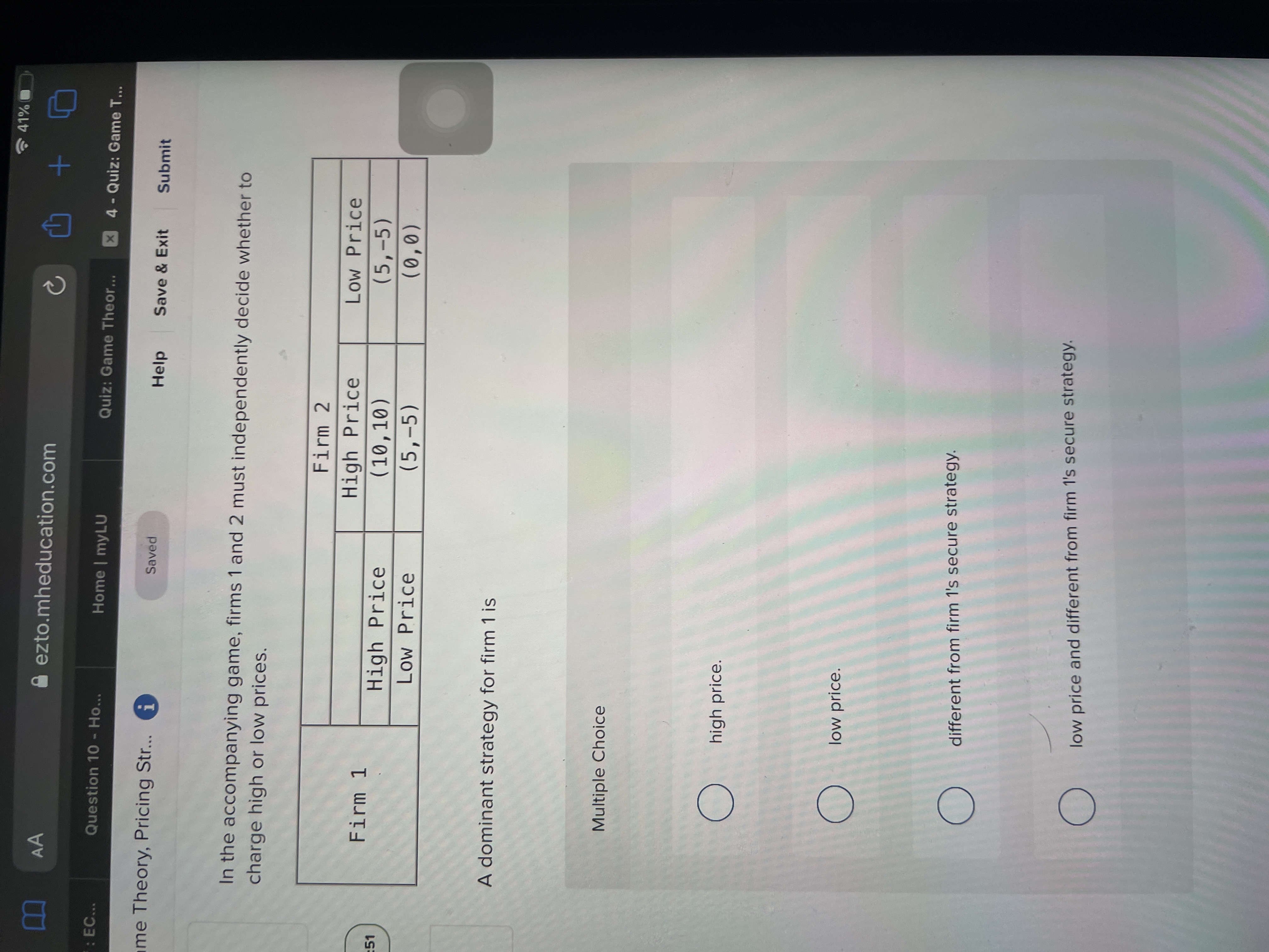 41% m AA a ezto.mheducation.com + : EC... Question 10 -