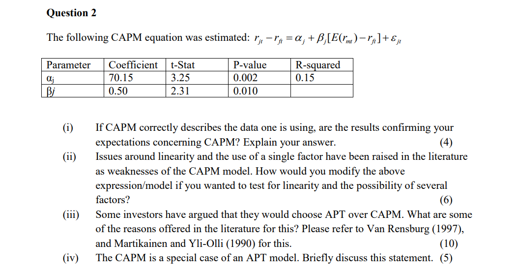 Question 2 The following CAPM equation was estimated: "; -T's =